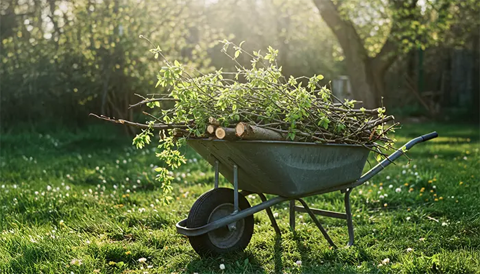 En skottkärra full av kvistar och trädgrenar på en gräsmatta med vårblommor, i soligt eftermiddagsljus.