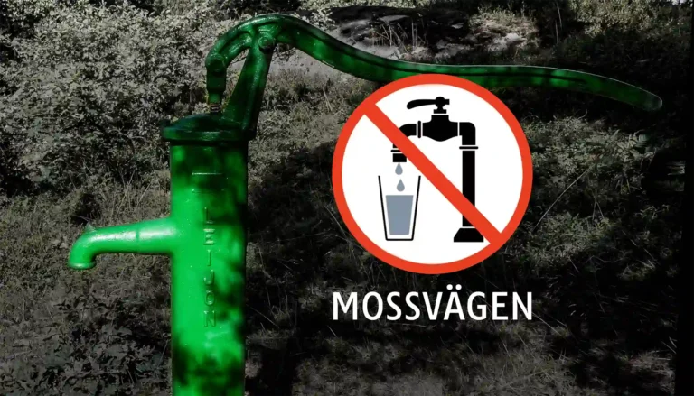 Grön Leijonpump med varningsskylt för otjänligt vatten