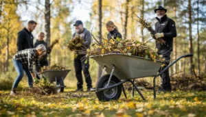 En grupp vuxna personer arbetar med att samla avverkad sly i skottkärror, en solig höstdag i skogen.