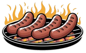 Illustration av fyra grillkorvar på en grill och eldsflammor