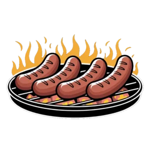 Illustration av fyra grillkorvar på en grill och eldsflammor