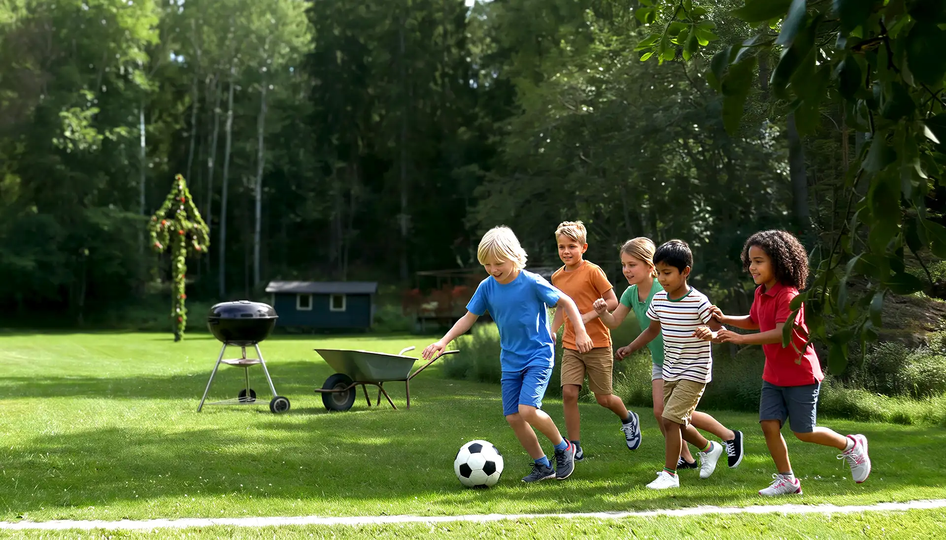 Fem barn springer efter en fotboll en solig sommardag i Sommarhagen i Lervik. I bakgrunden står en klotgrill, en skottkärra och en midsommarstång.
